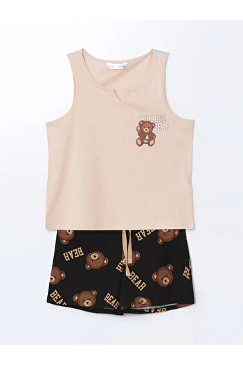 LC Waikiki Lcw Young Black Bear Teddy Printed Women's Shorts Pajama Set