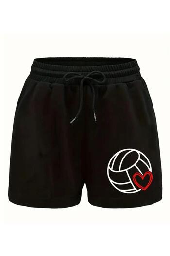 caddekombin Kadın Voleybol Topu Baskılı Bermuda Cepli Kordonlu Slim Fit Kalıp Siyah Şort