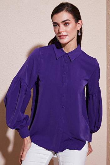 Lela Regular Fit Stitching Detail Solid Neck Balloon Sleeve Shirt Shirt 611Go00003