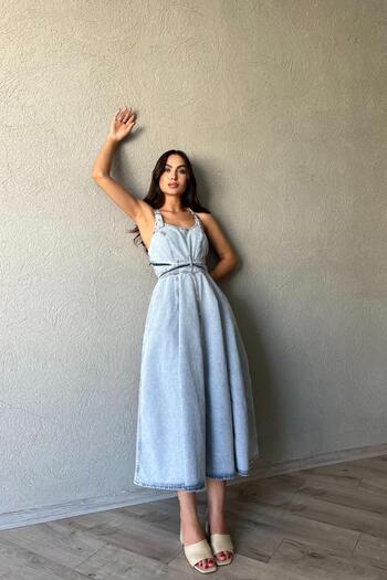 Lady Pixie Μακρύ φόρεμα τζιν με λεπτομέρεια δεσίματος