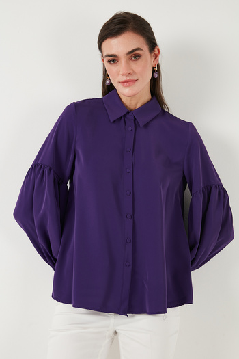 Lela Regular Fit Stitching Detail Solid Neck Balloon Sleeve Shirt Shirt 611Go00003