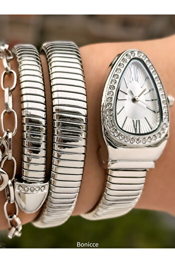 Bonicce Heart Bracelet with White Dial and Snake Watch - Stones Silver Band