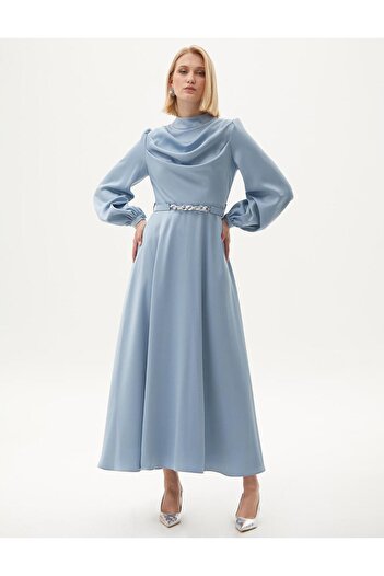 Kayra Stylish Dress with Belt Detail Deniz Buz