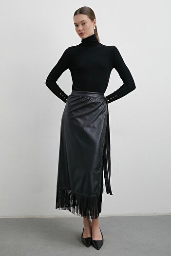 Never more Black Leather Skirt - Tie-Up and Tassels