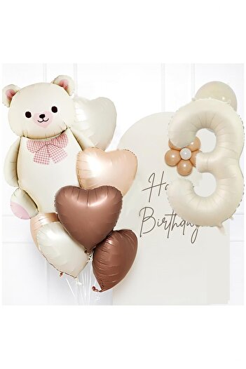 Partile Retro Cream Birthday Set - Number Foil, Banner, Heart Foil and Bear Foil Balloon Celebration