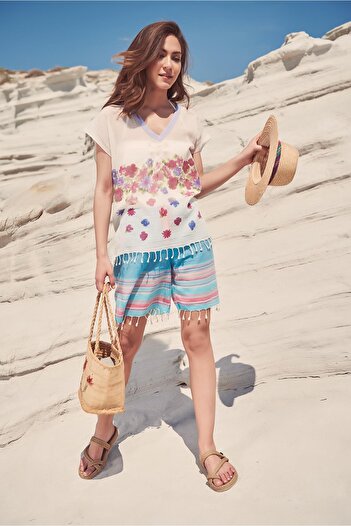 Dosimira Lilac Banded Floral Blouse - Blue Shorts Set