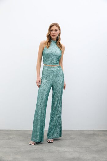 Sateen Sequined Loose Trousers - Mint