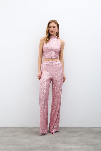 Sateen Sequined Loose Trousers - Powder