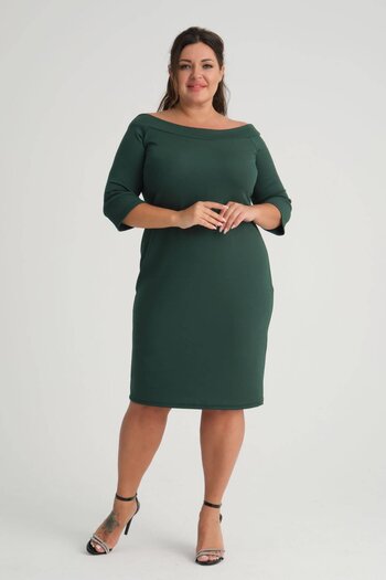 Mooi XXL Women's Green Carmen Collar Three Quarter Sleeve Plus Size Flexible Crepe Dress
