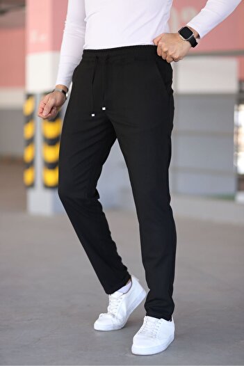 Bürke Erkek Siyah Renk Beli Lastikli Bağcıklı Esnek Fitted Jogger Pantolon Kumaş Pantolon