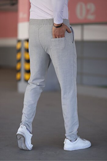Bürke Erkek Gri Renk Beli Lastikli Bağcıklı Esnek Fitted Jogger Pantolon Kumaş Pantolon