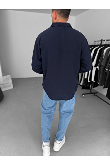 BYBASICMAN Lacivert Krinkıl Kumaş Gömlek RES-5169