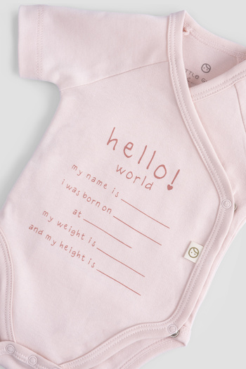 Little Gusto Organic Cotton Hello World Short Sleeve Pink Double Breasted Bodysuit