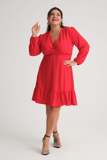 Mooi XXL Women's Red Double-Breasted Balloon Sleeve Plus Size Wrap Dress