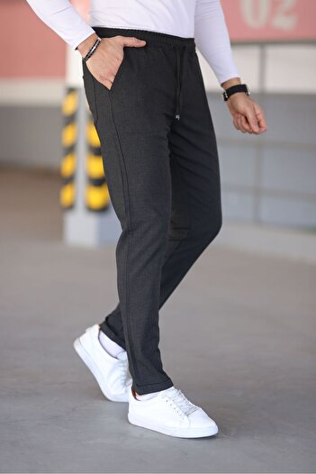 Bürke Erkek Antrasit Renk Beli Lastikli Bağcıklı Esnek Fitted Jogger Pantolon Kumaş Pantolon