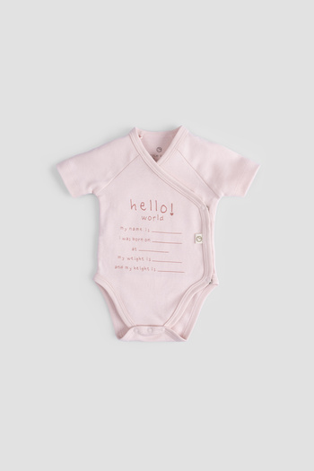 Little Gusto Organic Cotton Hello World Short Sleeve Pink Double Breasted Bodysuit