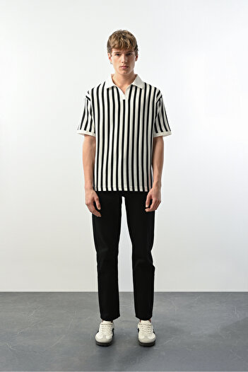 İLKCET MODA V Yaka Çizgili Erkek Oversize T-shirt