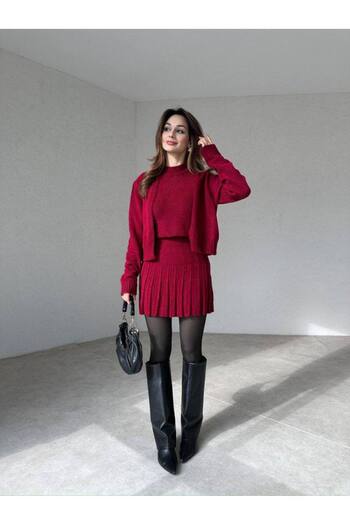 Lusin Claret Red Knitwear Cardigan, Blouse and Vest - 3-Piece Women's Set S/M