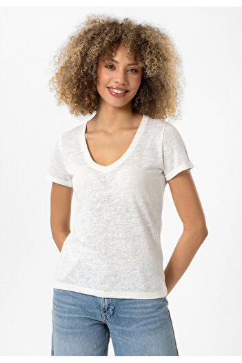 Williot Nives Ecru V-Neck Short Sleeve Slim Fit Cotton Patterned Fabric Women's T-Shirt