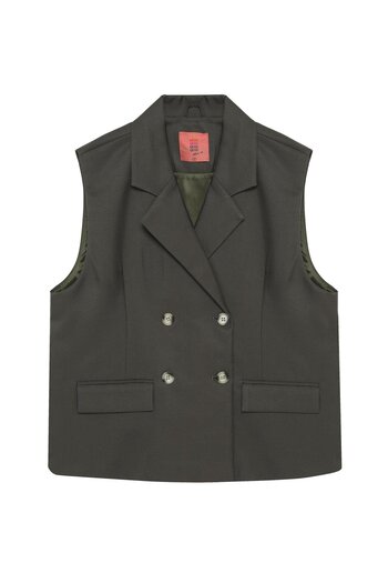 Quzu Khaki Color Double Breasted Lapel Buttoned Vest Jacket