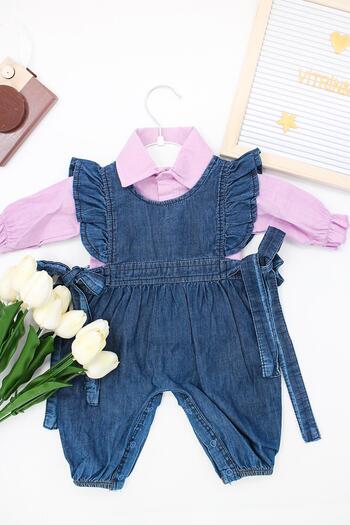 VİTRİNMİXMİNİ 2-Piece 100% COTTON FUFFY COLOR SHIRT AND JEANS SALOPET BABY GIRL SET