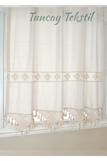 TUNCAY TEKSTİL Buldan Work Authentic Handcrafted Lace Curtain 100% Cotton Natural Linen Sunshade Curtain