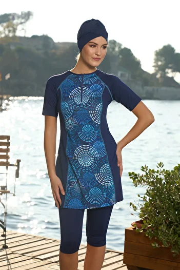 REMSA Navy Blue Short Sleeve Semi-Closed Swimsuit - 24824