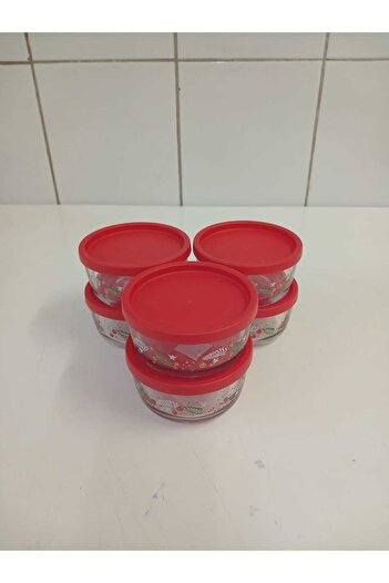 LAV Feyzade Round Flower Patterned Red Lid 6 Pieces 380Cc Storage Container