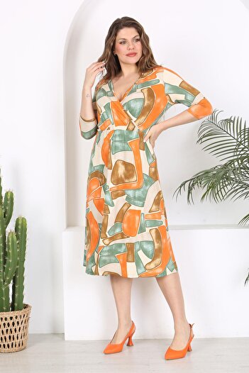 Mooi XXL Πορτοκαλί Πράσινο Φόρεμα Stretch Waist Plus Size - Γεωμετρικό σχέδιο και λαιμόκοψη με διπλό στήθος