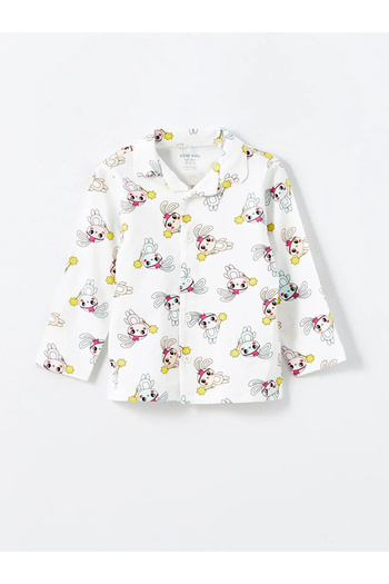 LC Waikiki Lcw Baby - Ecru Baby Girl Pajamas Set with Shirt Collar and Printed T-Shirt