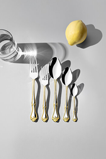 Nehir Lalezar Gold - 30-piece Plain Fork and Spoon Set for 6 People