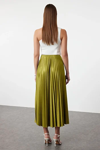 Trendyol Collection Oil Green A-Line / Bell Form Pleated Maxi Stretchy Knitted Skirt Twoss24Et00041