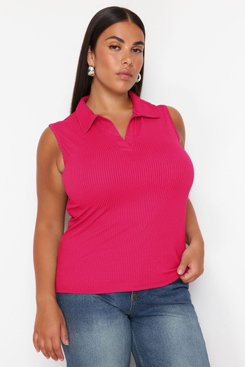 Trendyol Curve Pink Fitted/Fitted Polo Neck Stretchy Knitted Plus Size Blouse Tbbss24Af00065