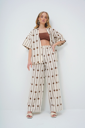 Trend Alaçatı Stili Linen Set - Brown Floral Print Kimono and Palazzo Pants, Double Sleeve Alc-X13630