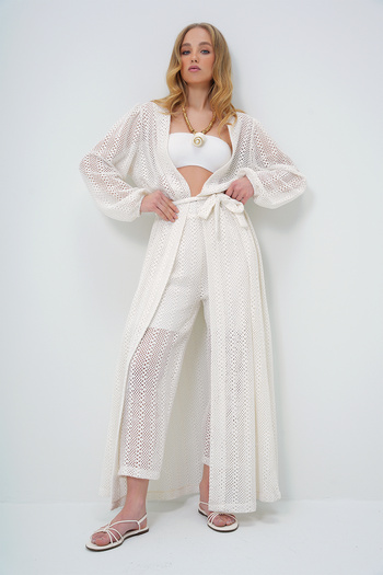 Trend Alaçatı Stili Ecru Kimono Set - Long Pants Self-Textured Openwork Alc-X11710