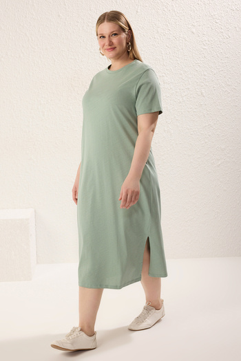 Trendyol Curve Mint Crew Neck Slit Maxi/Long 100% Cotton Knitted Dress Tbbss23Ah00159