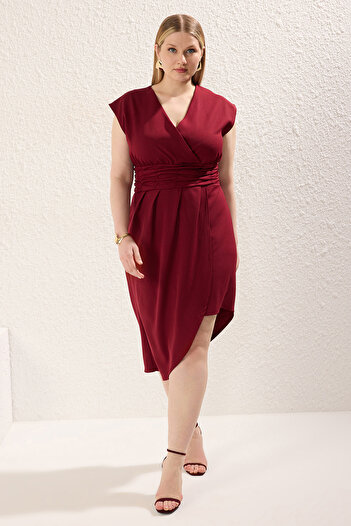 Trendyol Curve Burgundy Woven Drawstring Waist Dress Tbbss22Ah0247