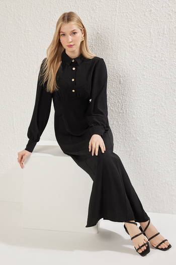 Trendyol Modest Μαύρο πουκάμισο γιακάς υφαντό φόρεμα στη μέση TCTSS25EB00057