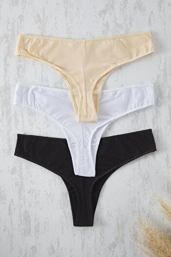 Trendyol Collection Negru-Alb-Piele Pachet de 3 Micro Tanga Chiloți tricotați THMSS25KU00044