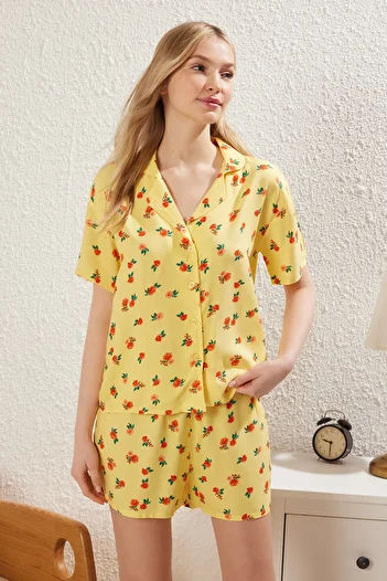 Trendyol Collection Woven Pajama Set with Yellow Floral Slit Viscose Shorts Thmss25Pt00243