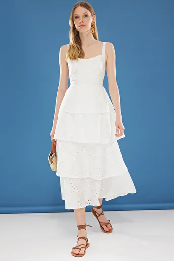 Trendyol Collection Ecru Skirt Waist Opening Maxi Brode Woven Dress Twoss25El00295