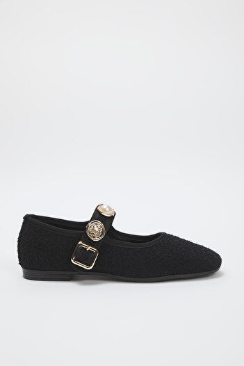 TRENDYOL SHOES Black Buckle Round Toe Mary Janesi Women's Ballerina Flats Takss25Be00011