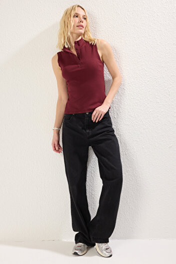 Trendyol Collection Stretchy Ribbed Burgundy Knitted Blouse with Stand Collar and Buttons - Twoss25Bz00228