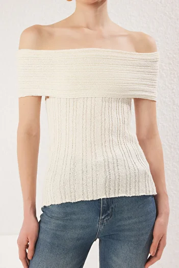Trendyol Collection Bone Carmen Collar Textured Knitwear Thin Blouse Twoss25Bz00328