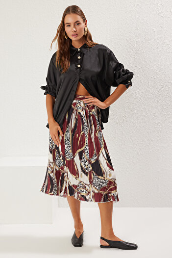 Trendyol Collection Black Print a Line/Bell Cut Pleated Midi Skirt Twoss25Et00059