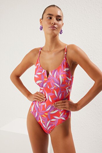 Trendyol Collection V-Neck Floral Print Red Swimsuit - Regular Fit Tbess22Ma0010