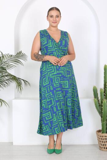 Mooi XXL Αμάνικο Maxi Φόρεμα Labyrinth Print Plus - Blue Green, Διπλό γιακά