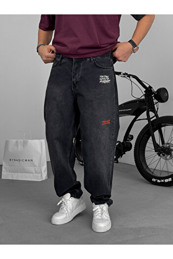 BYBASICMAN Black Embroidery Detailed Baggy Jean C-6379
