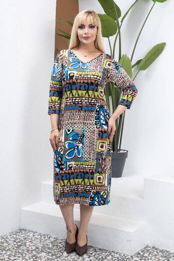 Mooi XXL Women's V-Neck Blue Brown Ethnic Pattern Plus Size Flexible Dress