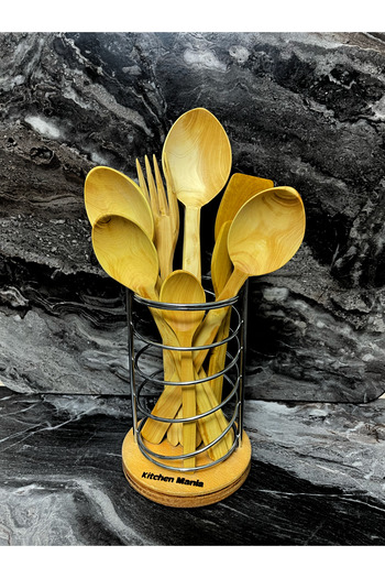 Kitchen Mania Boxwood Spoon Serving Utensil Set with Metal Stand-Wooden Spoon-Dowry Set
